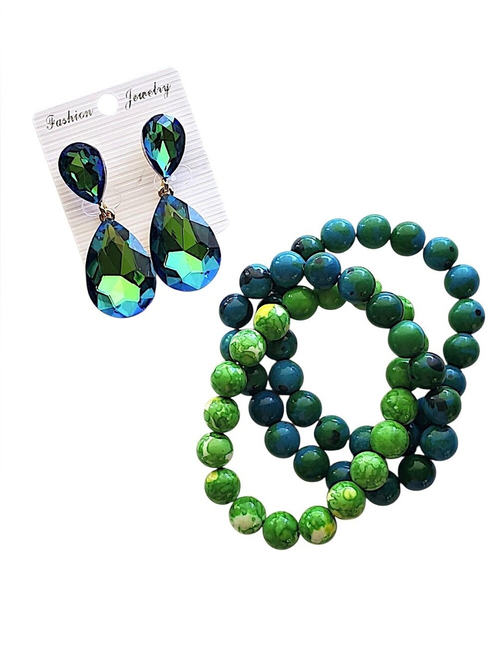 Green Blue Teardrop Crystal Drop Earrings with Stack Bracelets